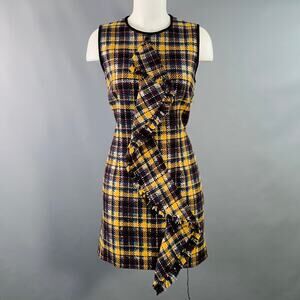 MSGM Size 8 Yellow Black Silver Wool Blend Plaid Ruffle Mini Dress
